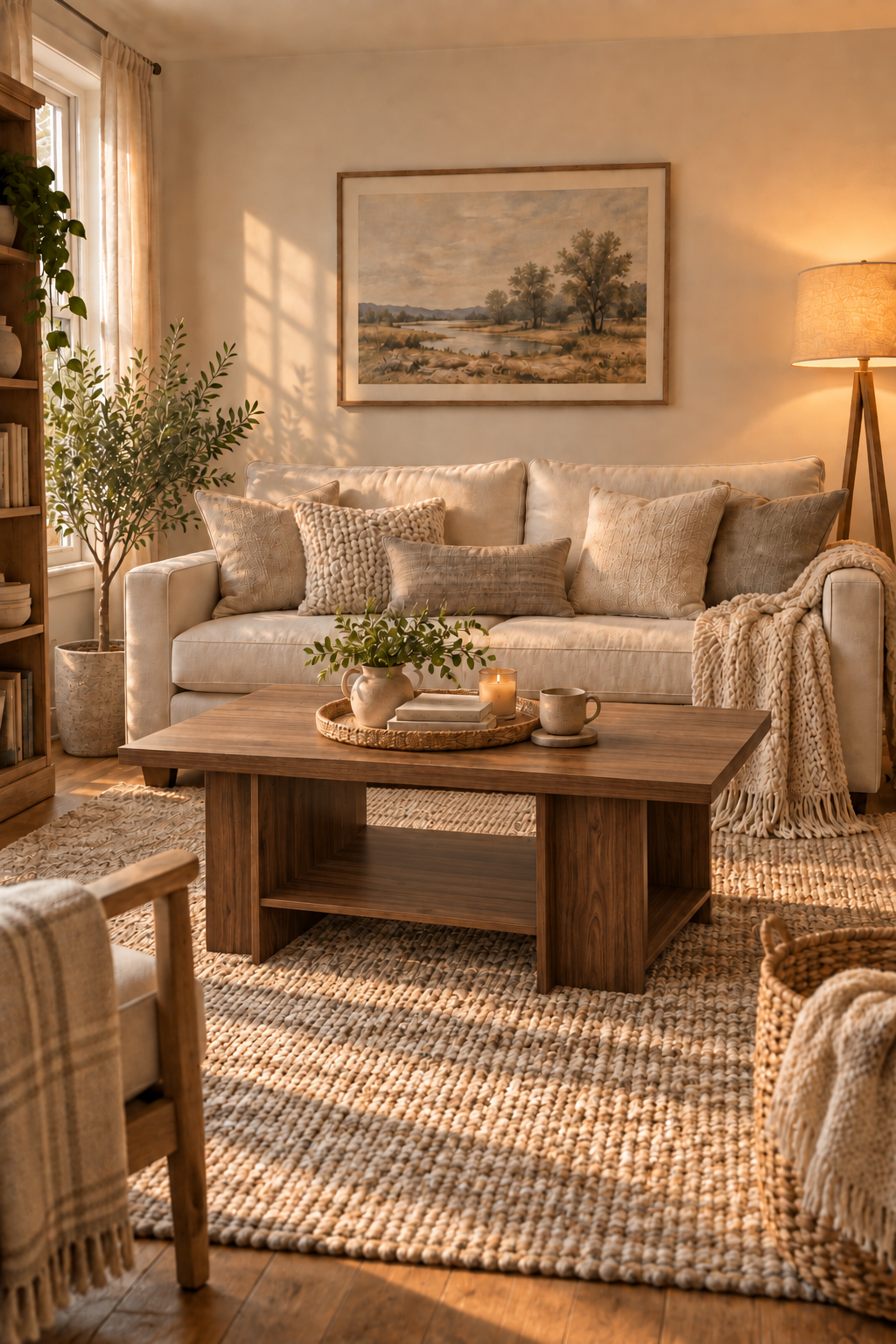 Cozy neutral living room with a cream sofa, textured beige pillows, chunky knit throw, rustic wood coffee table, woven rug, landscape art, and tripod floor lamp