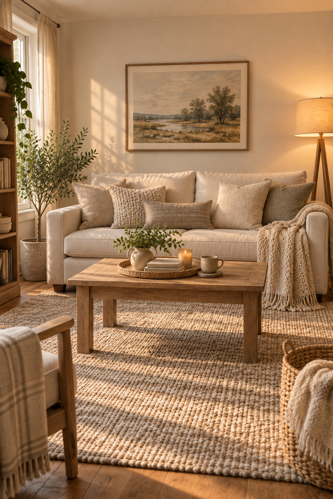 Warm neutral living room with a cream sofa, layered cushions, a wood coffee table, textured rug, and soft lighting